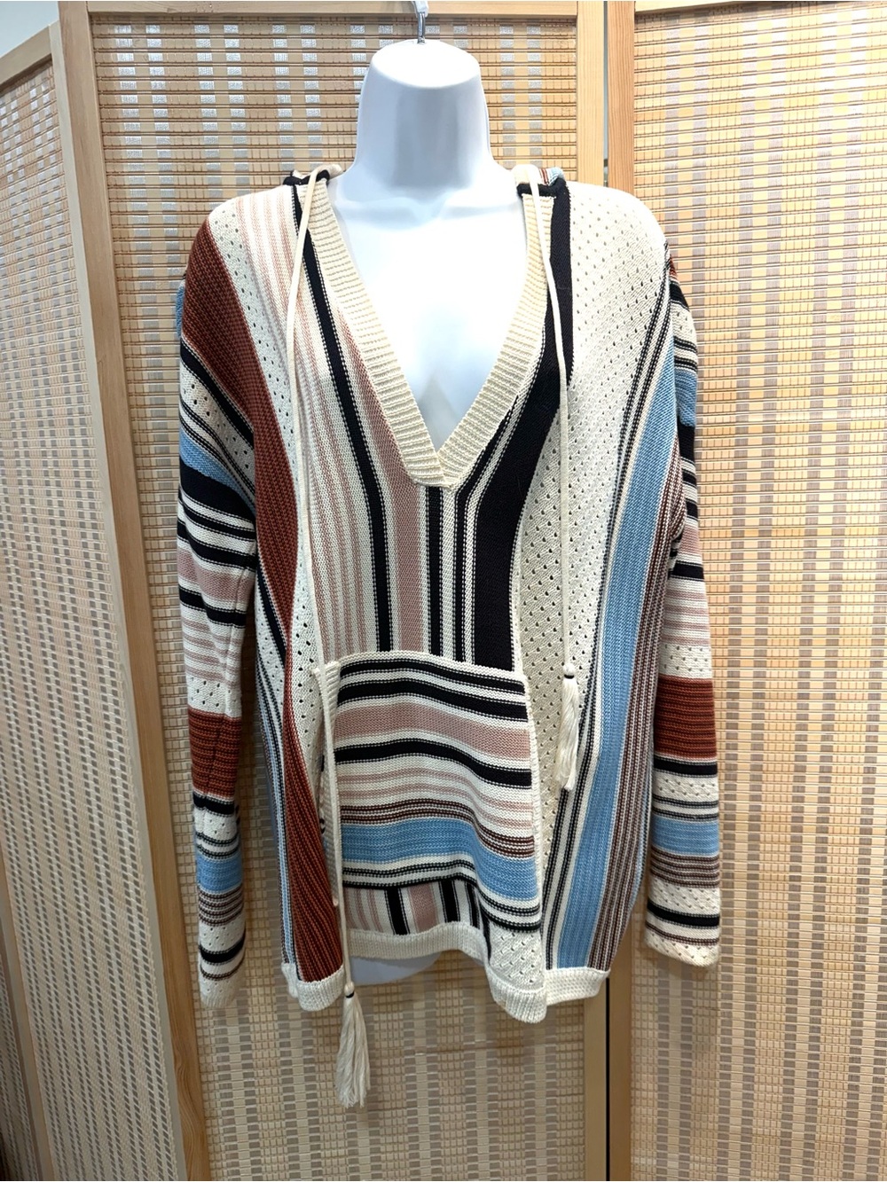 TORY BURCH - Striped V-Neck Tassel Pocket Sweater - Cream Multi